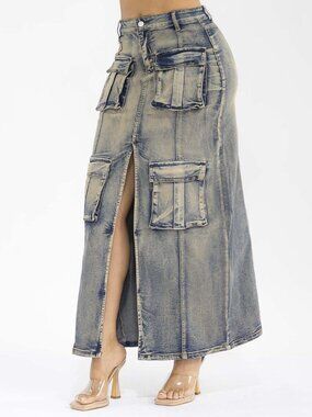 Olivacious Denim Cargo Maxi Skirt Y2K Utility Inspired Sporty Casual